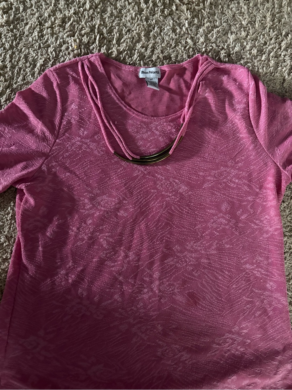 Bon Worth Fuchsia Short-Sleeve Knit Top with Decorative Necklace